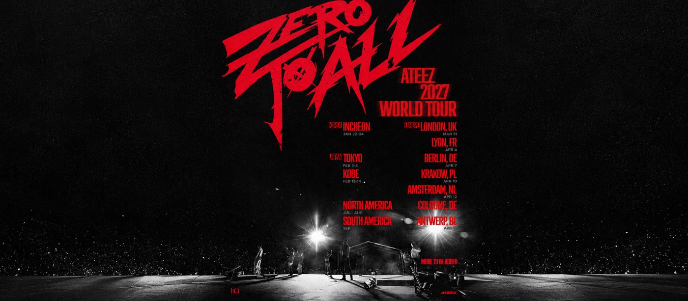 ATEEZ tour 2027 ZERO TO ALL poster with red lettering, tour dates and a concert stage