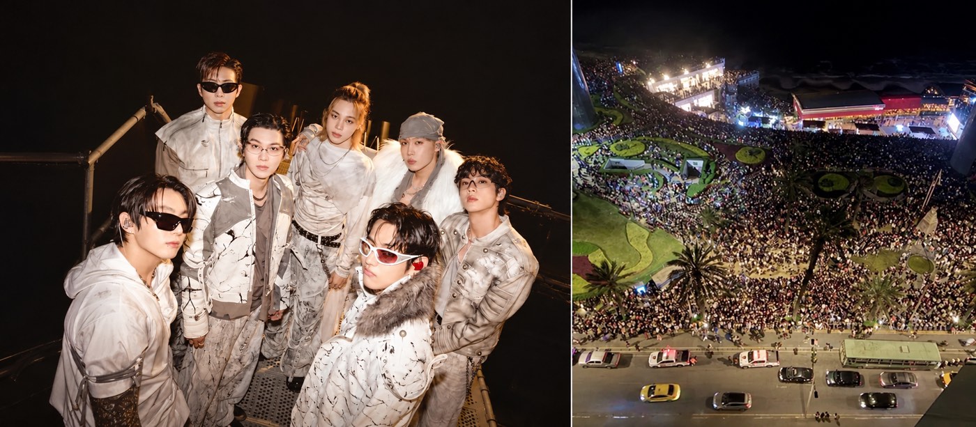BTS Lima hotel report: collage of BTS and a large nighttime crowd
