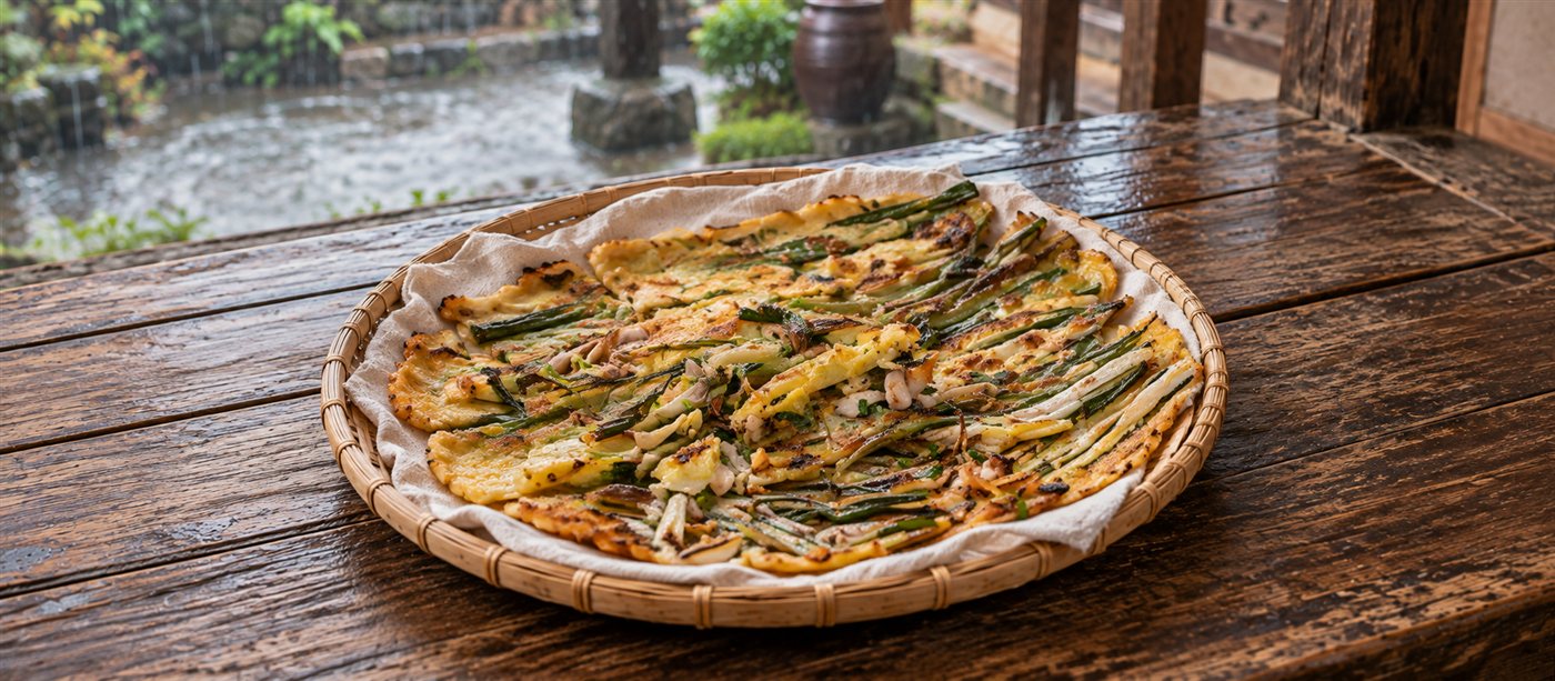 Scallion pancake on a cloth-lined woven tray beside a rainy courtyard