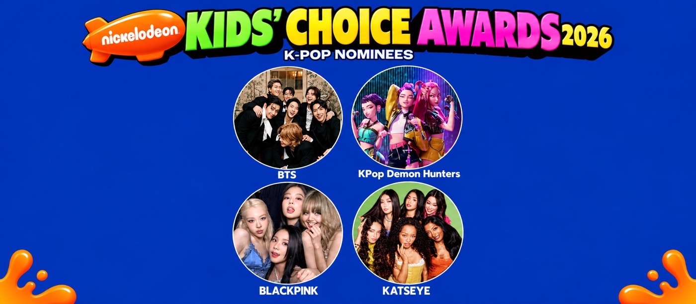 Kids' Choice Awards 2026 K-pop nominees graphic with BTS, KPop Demon Hunters, BLACKPINK and KATSEYE