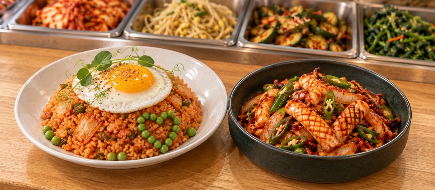 Love on the Menu food: kimchi fried rice topped with a fried egg next to spicy stir-fried squid, banchan trays behind